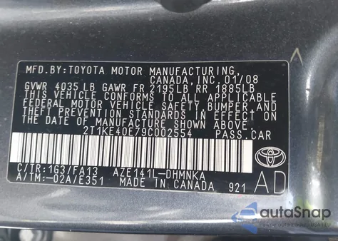 2009 Toyota Matrix S z USA, uszkodzony, nr VIN 2T1KE40E79C002554